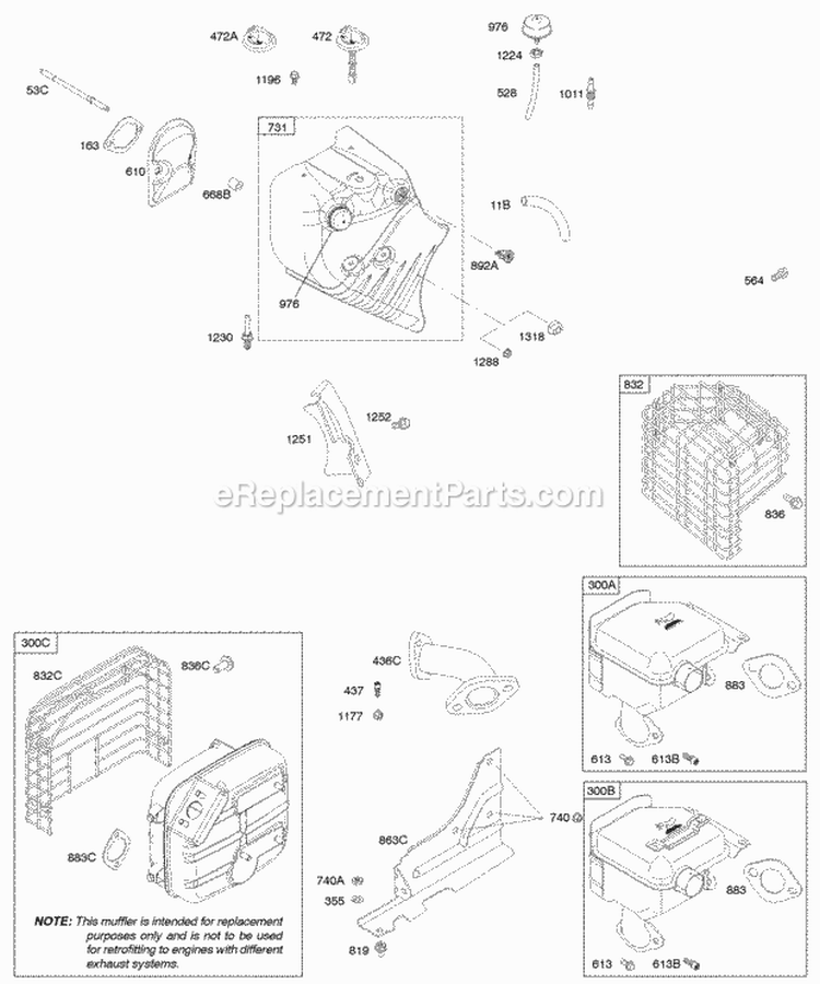 Blower HousingShrouds Exhaust System Diagram and Parts List for 20E414-0162-E1  Briggs and Stratton Engine